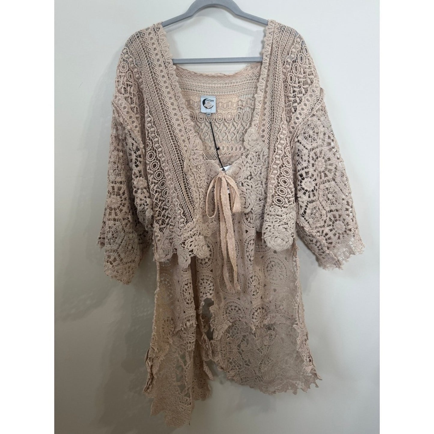 Jaded Gypsy Crochet Lace Kimono Cardigan Beige Boho Front Tie Bell Sleeve O/S