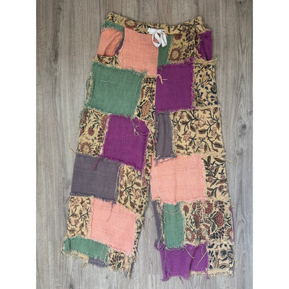 Jaded Gypsy Patchwork Boho Wide Leg Pants Multi Floral Frayed L/XL NEW