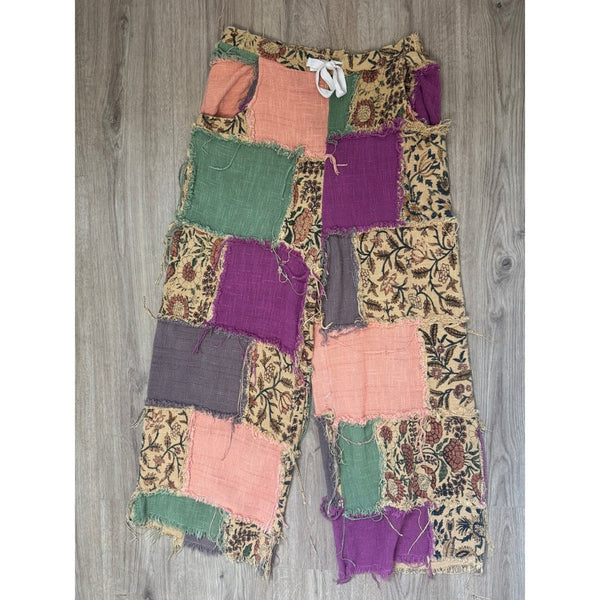 Jaded Gypsy Patchwork Boho Wide Leg Pants Multi Floral Frayed L/XL NEW