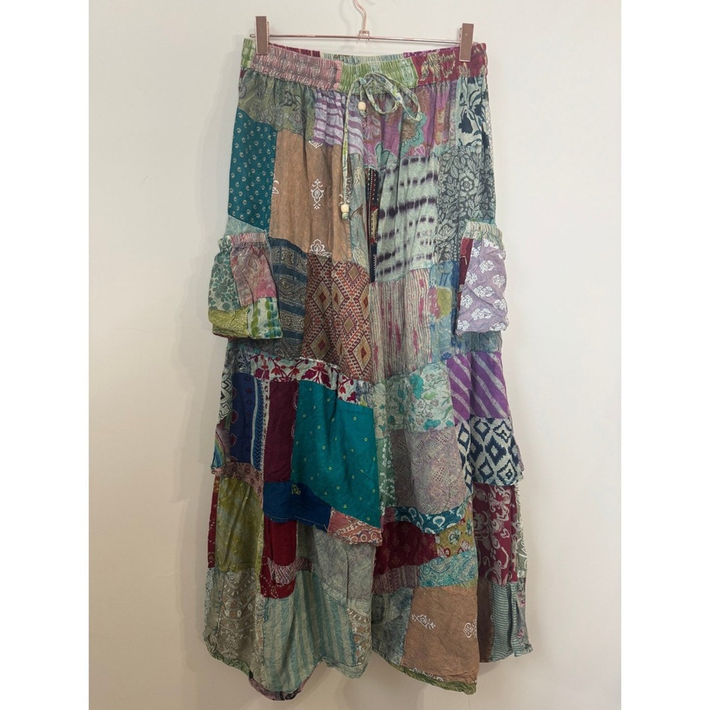 Jaded Gypsy Patchwork Wide Leg Cargo Pants Boho Festival Multi Color One Size