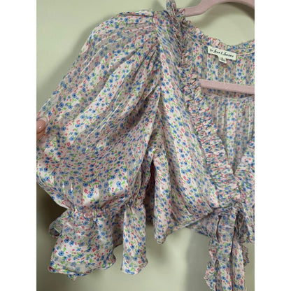 For Love & Lemons Pink Floral Cutout Mini Dress Puff Sleeve Metallic Pleat Small