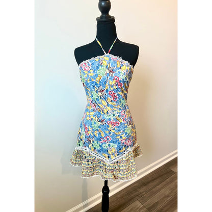 Hemant and Nandita Preet Mini Dress in Blue Large Floral Halter Eyelet Lined