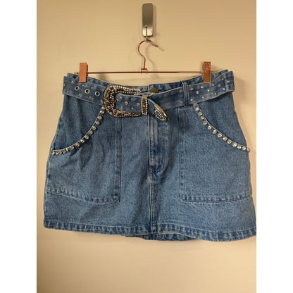 Show Me Your Mumu Denim Mini Skirt Rhinestone Belted Blue Western Women Large