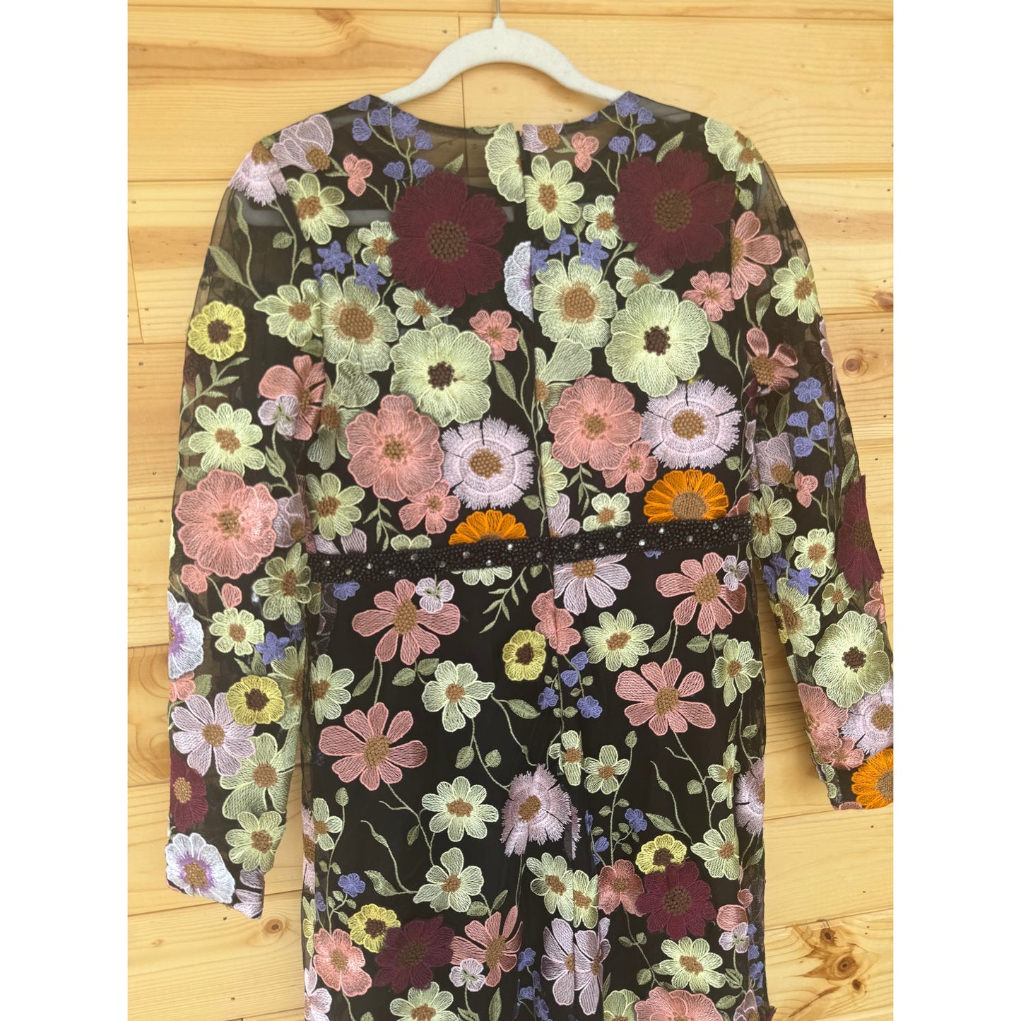 Mac Duggal Floral Applique Long Sleeve Midi Dress Black Multi Sz 10 STYLE 68462