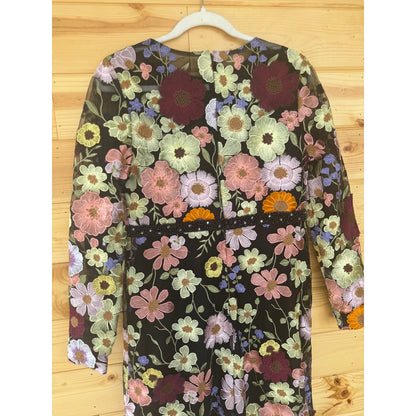 Mac Duggal Floral Applique Long Sleeve Midi Dress Black Multi Sz 10 STYLE 68462