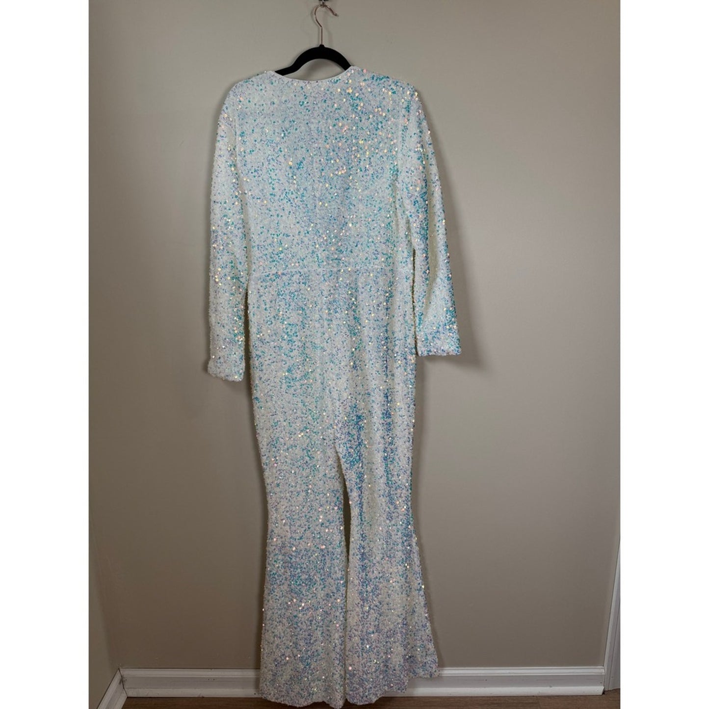 Show Me Your Mumu White Iridescent Sequin Jumpsuit Tie Front Flare XXL NEW
