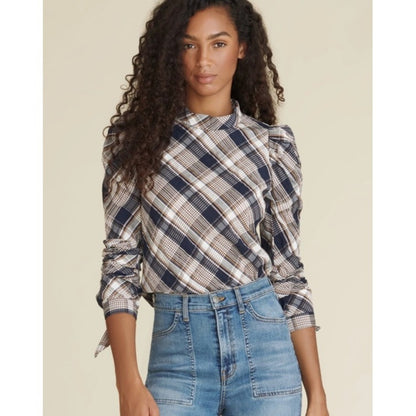 Veronica Beard Plaid Puff Sleeve Button Back Mock Neck Blouse Size 12