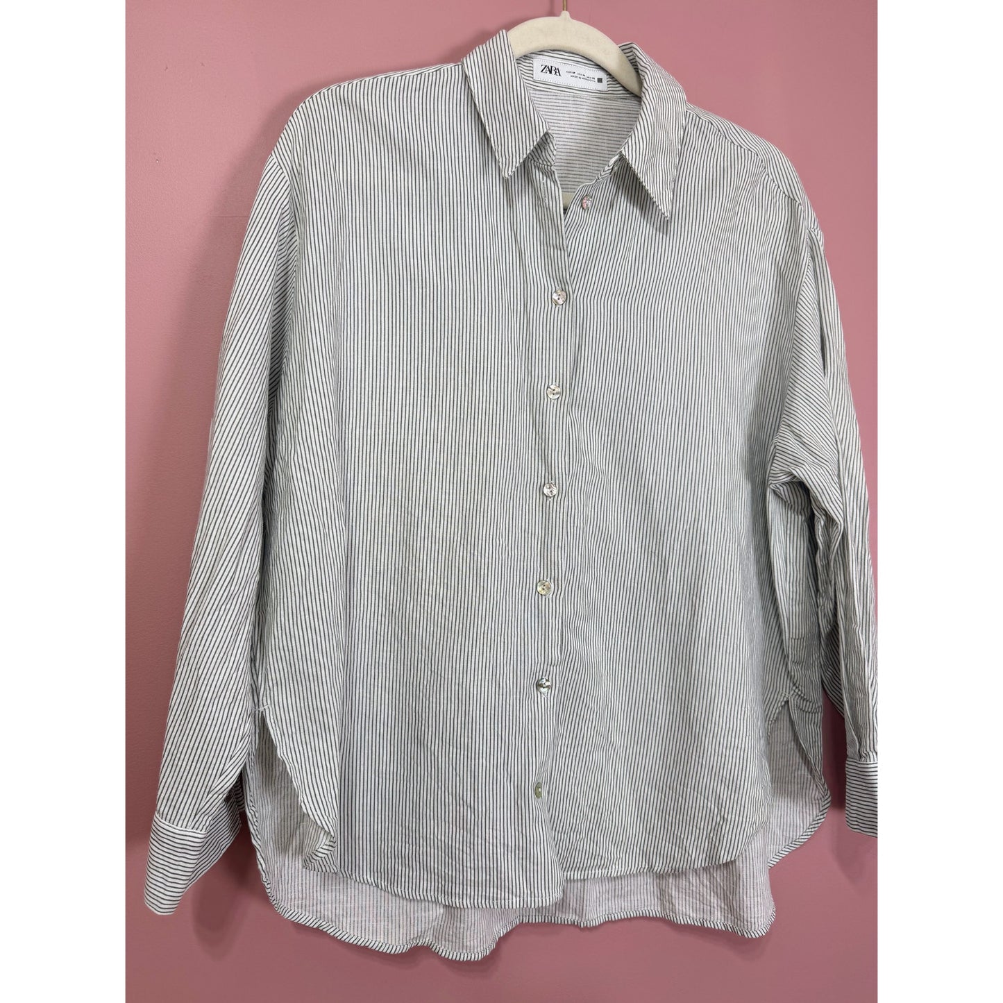 Zara Green Stripe Linen Blend Button Down Blouse Size Medium