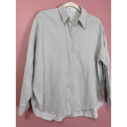 Zara Green Stripe Linen Blend Button Down Blouse Size Medium