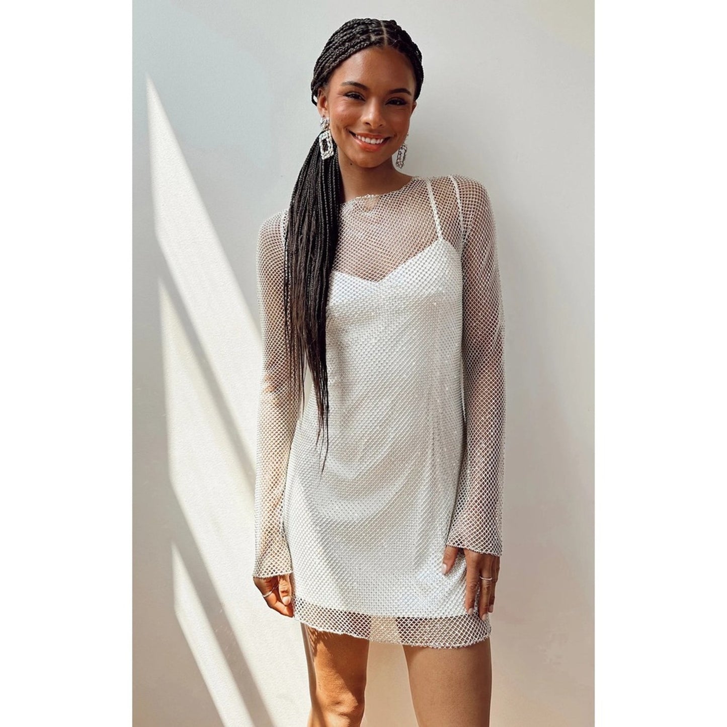 Show Me Your Mumu Iconic White Rhinestone Fishnet Mesh Mini Dress