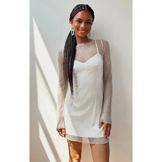 Show Me Your Mumu Iconic White Rhinestone Fishnet Mesh Mini Dress