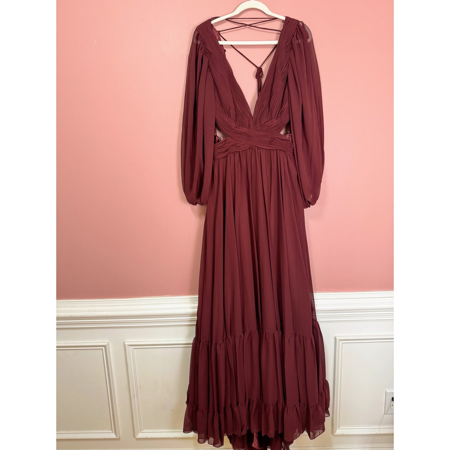 NEW NWT Mac Duggal Pleated Cut Out Long Sleeve Lace Up Tiered Gown STYLE 67948 Size 16 Plum