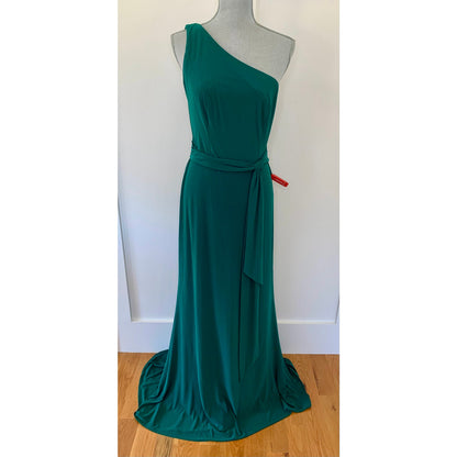 MacDuggal Ieena One Shoulder Jersey Gown in Green Size 8 Maxi Sheath Belted