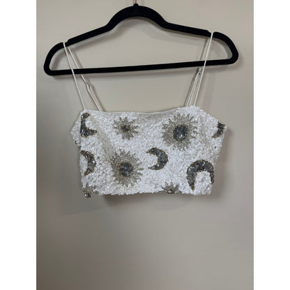 Show Me Your Mumu Celestial Sequin Crop Top White XS Sun Moon Beaded Camisole