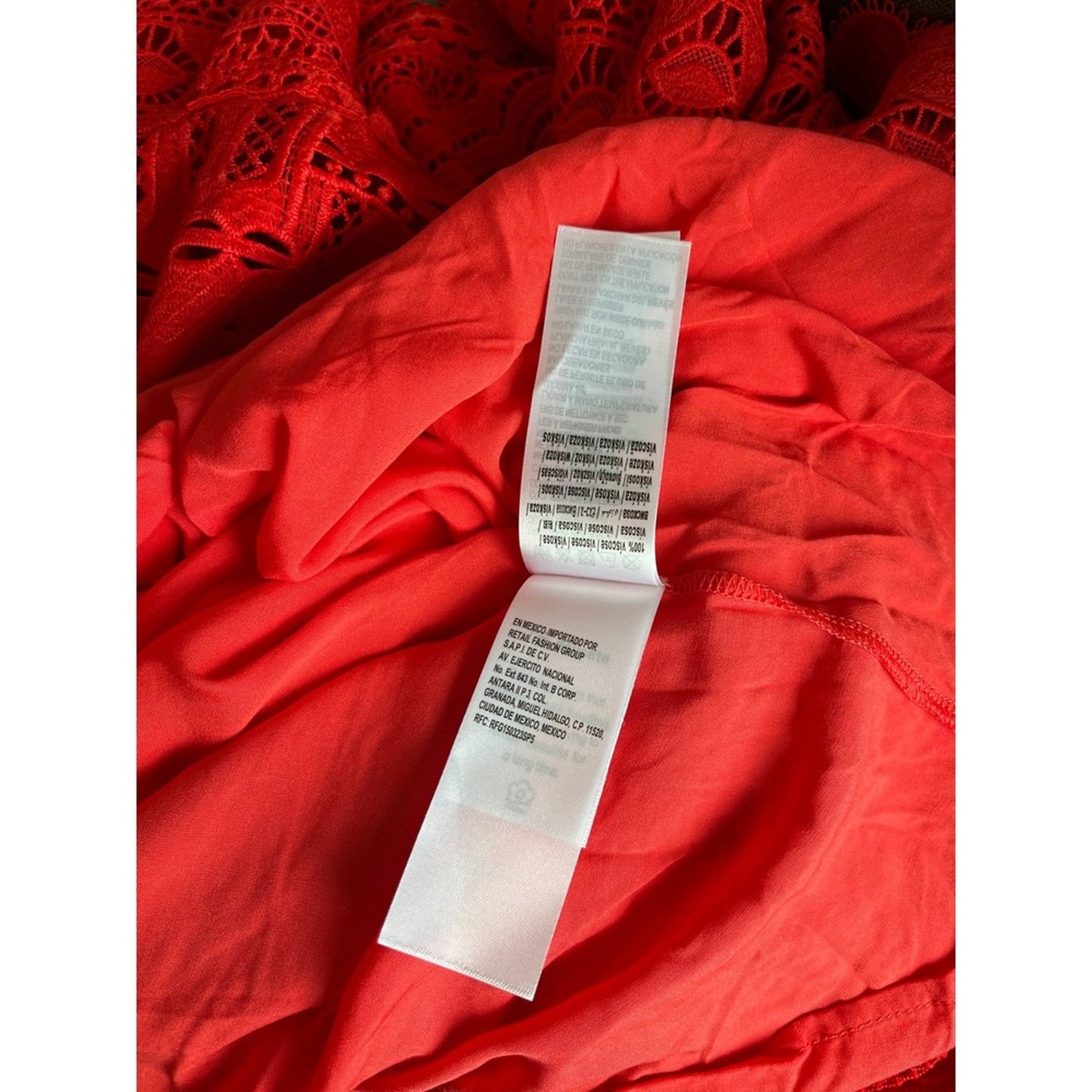 Farm Rio Maxi Dress Red Lace V Neck Long Sleeve Tie Waist Tiered Ruffle Size S