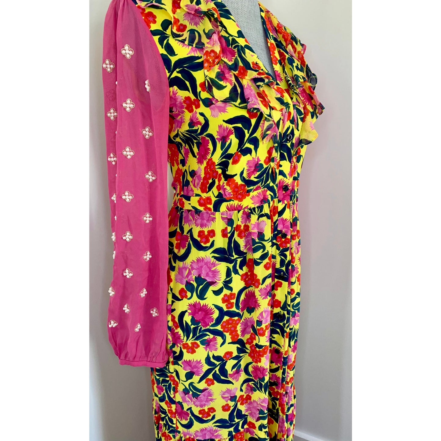 Saloni Ginny Maxi Dress in Multicolor Floral Size 4 Embellished Long Sleeve Silk