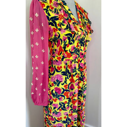 Saloni Ginny Maxi Dress in Multicolor Floral Size 4 Embellished Long Sleeve Silk