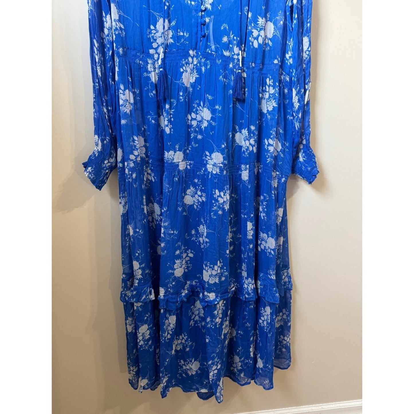 Anthropologie Blue Floral Tiered Maxi Dress Long Sleeve Ruffle V-Neck Boho NWT