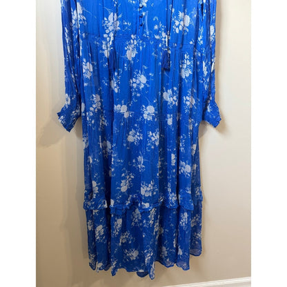 Anthropologie Blue Floral Tiered Maxi Dress Long Sleeve Ruffle V-Neck Boho NWT