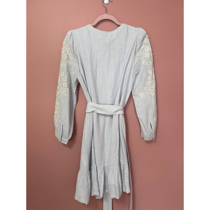 Cartolina Nantucket Long-Sleeve Embroidered Tie-Waist Mini Ruffle Dress Size XS