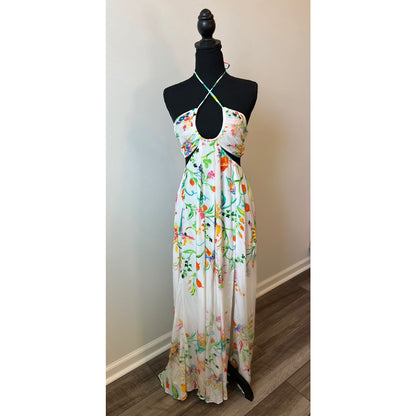 Rococo Sand Susan Maxi Dress in White Size XS Floral Halter Cutout Side Slit