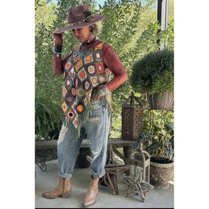 Jaded Gypsy Desert Sunset  Poncho Fringe Size S/M Boho Chic