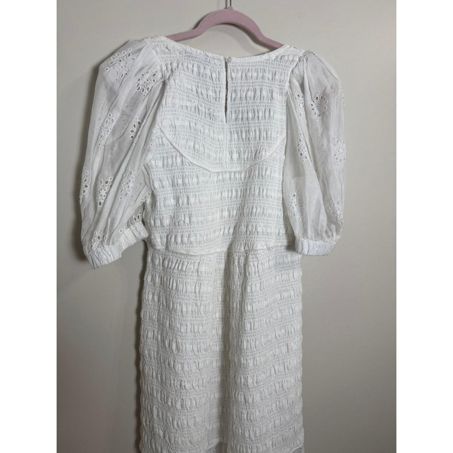 SEA NY White Eyelet Puff Sleeve Smocked Midi Dress