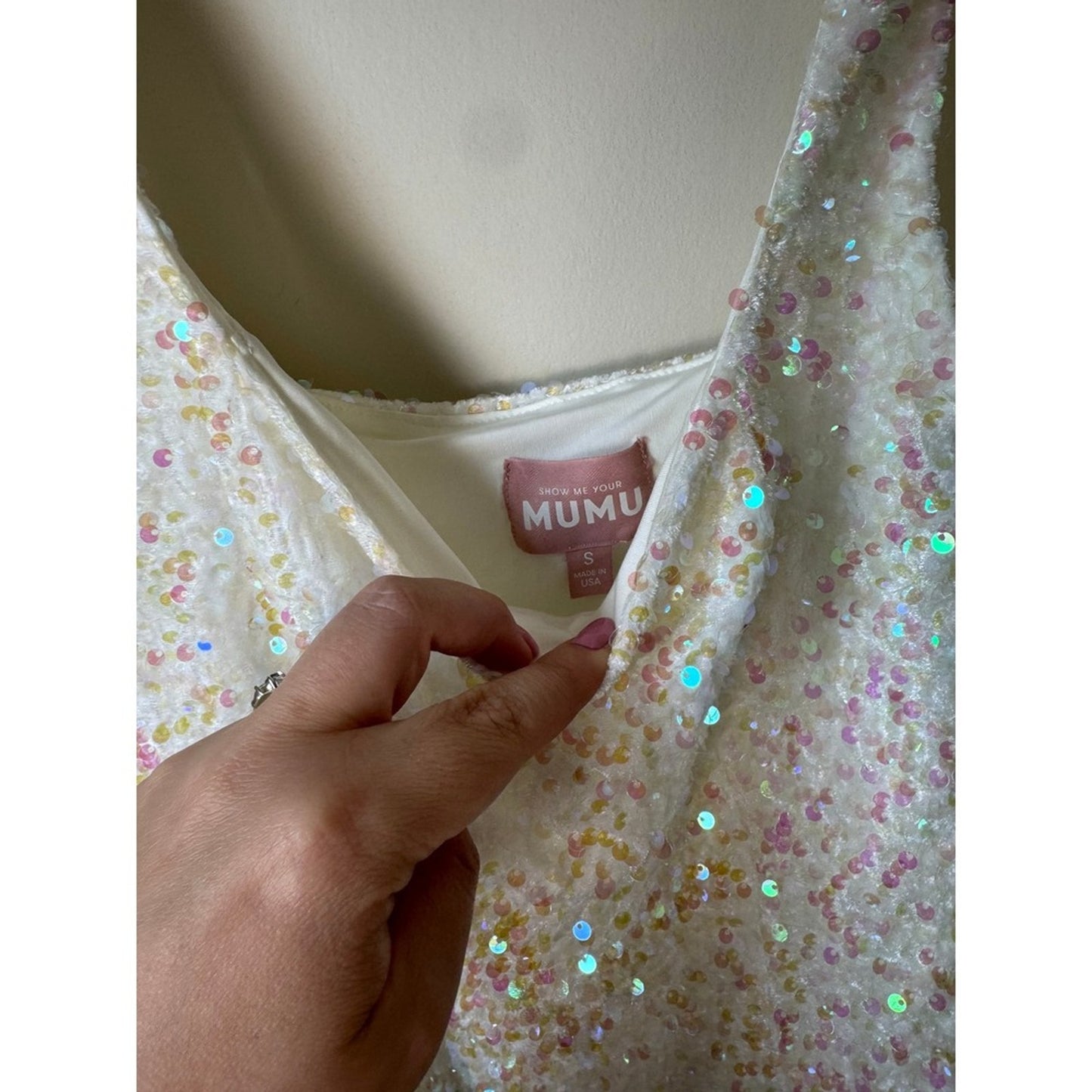 Show Me Your Mumu Womens White Iridescent Sequin Mini Dress Square Neck Small