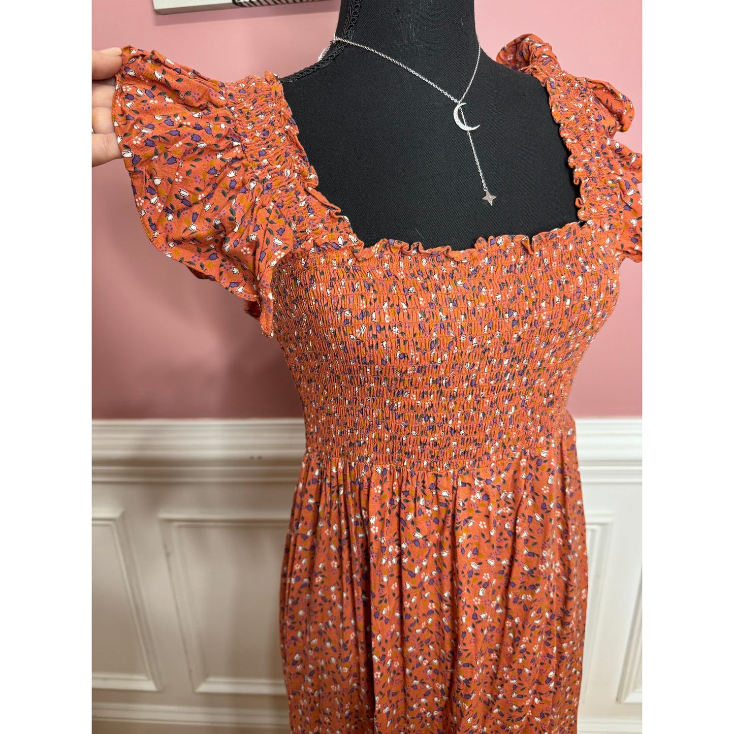 byTimo Floral Maxi Dress Orange Floral Small Short Sleeve Ruffle Smocked Cotton