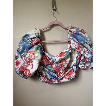 Amanda Uprichard Floral Puff Sleeve Crop Top Multi Color Square Neck Size L