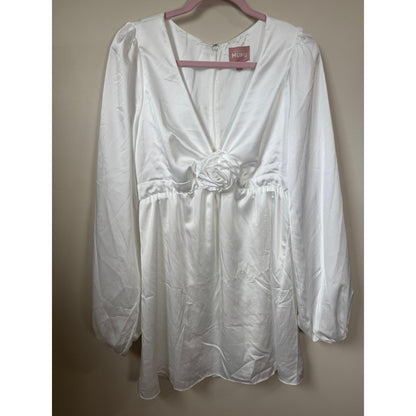 Show Me Your Mumu White Satin Rosette Mini Dress Long Sleeve V-Neck Bridal Large