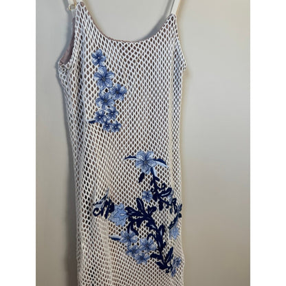Agua Bendita White Fishnet Mesh Blue Floral Embroidered Midi Dress Bodycon Lined