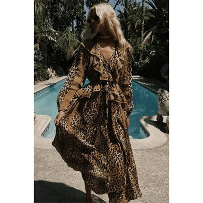 Spell Samantha Lace Gown Vintage Leopard Maxi Dress Ruffle Boho Animal Print L