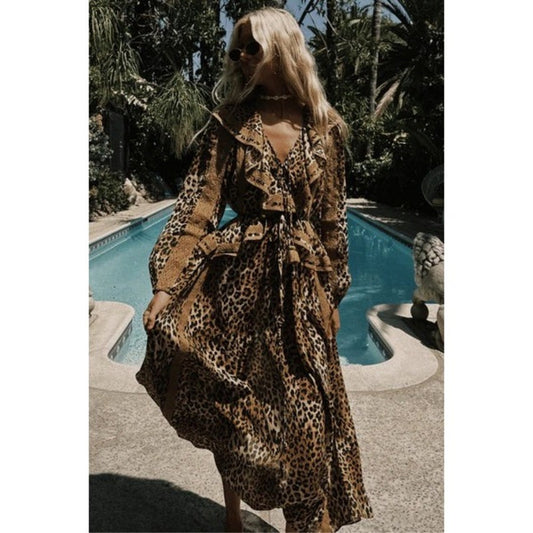 Spell Samantha Lace Gown Vintage Leopard Maxi Dress Ruffle Boho Animal Print L
