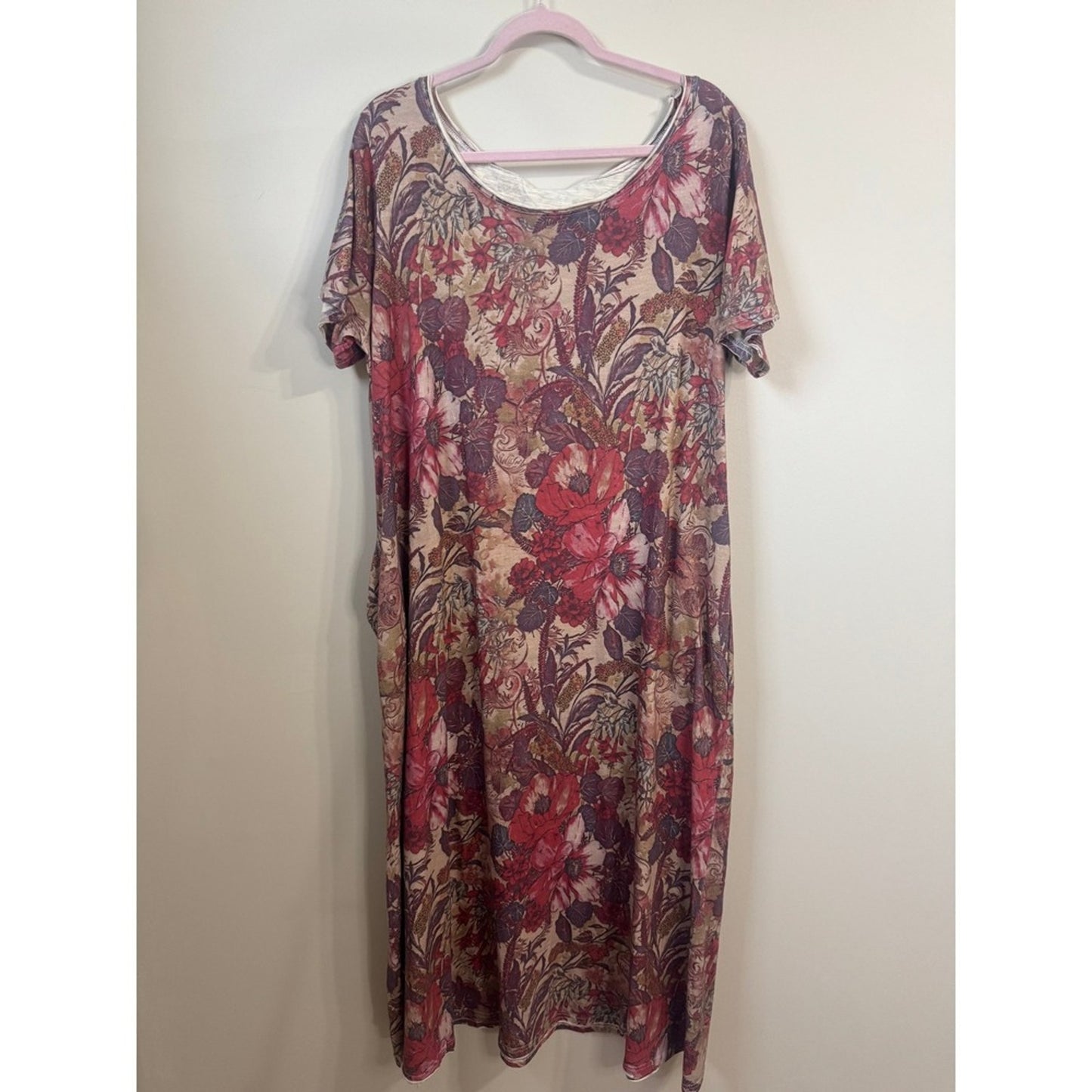 Jaded Gypsy Floral Maxi Dress Boho Short Sleeve Pockets Red Mauve NWT