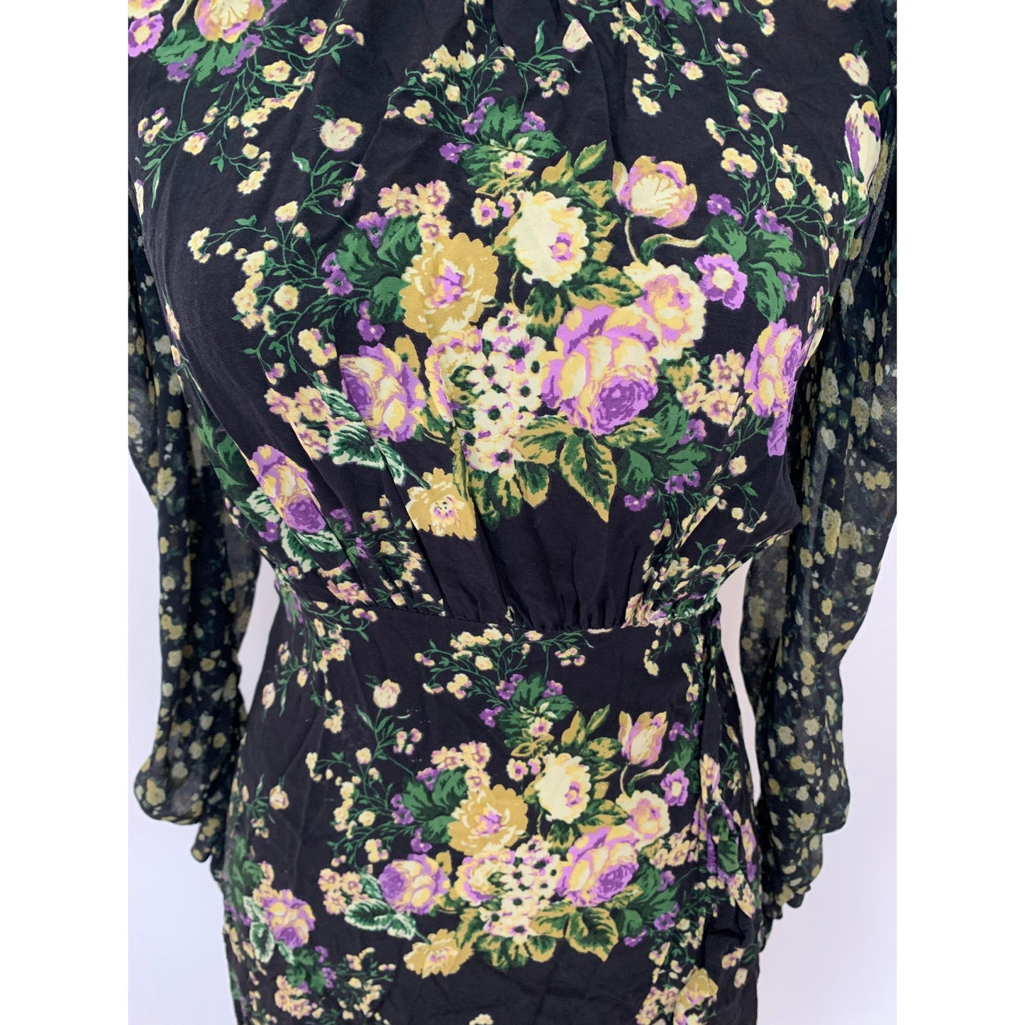 For Love & Lemons Hi-Low Dress in Black Floral Small Long Sleeve Open Tie Back