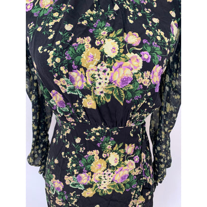 For Love & Lemons Hi-Low Dress in Black Floral Small Long Sleeve Open Tie Back