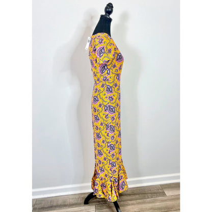 Rhode Lulani Midi Dress in Gold Lotus‎ Printed Size 0 Floral Fluted Hem Lined