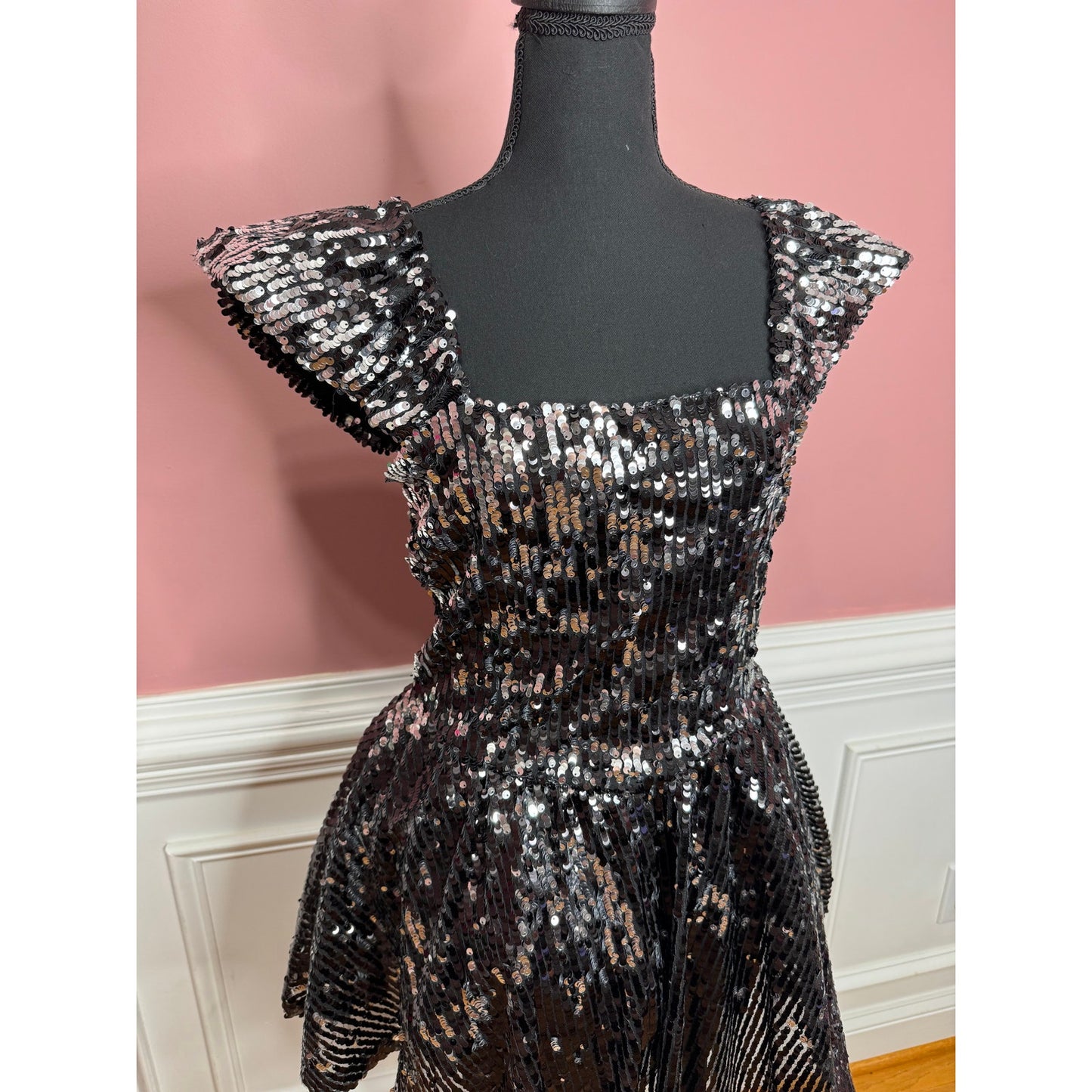Aniye By Gemma Sequin Mini Dress in Black Medium Flutter Sleeve Ruffle Lined