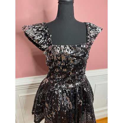 Aniye By Gemma Sequin Mini Dress in Black Medium Flutter Sleeve Ruffle Lined