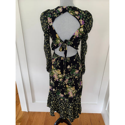 For Love & Lemons Hi-Low Dress in Black Floral Small Long Sleeve Open Tie Back