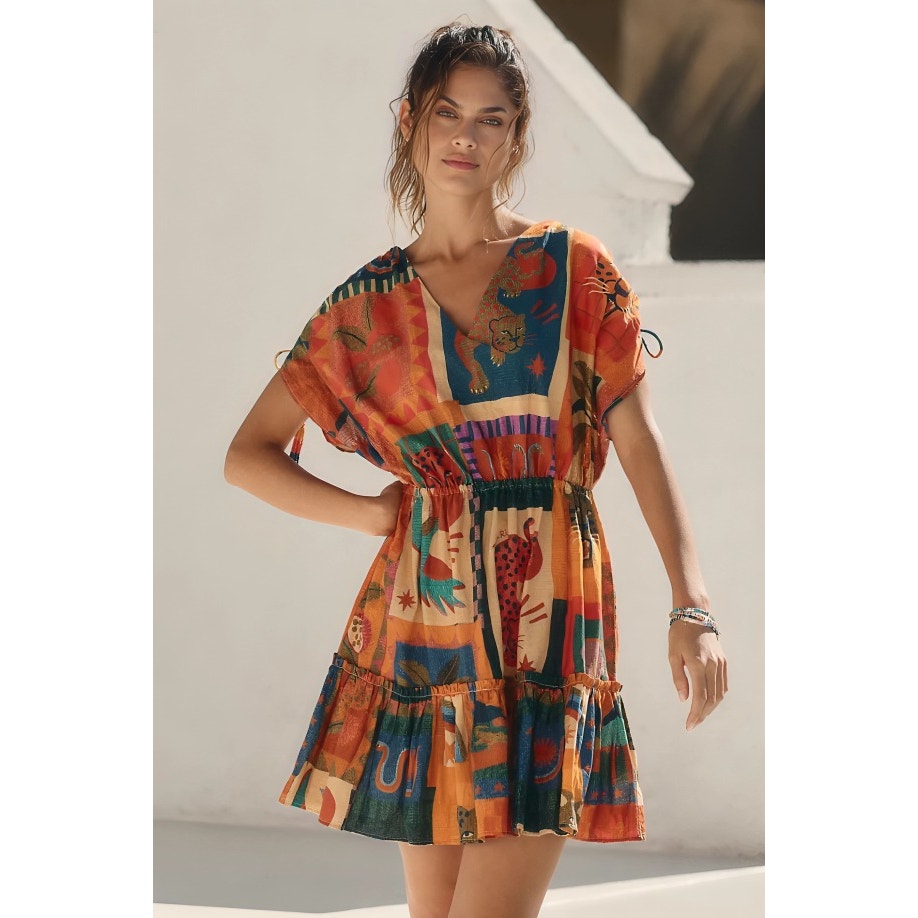 Farm Rio Anthropologie Jungle Printed Cover-Up Mini Dress Small V-Neck Cotton