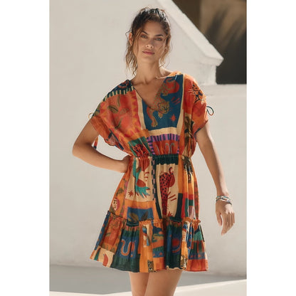 Farm Rio Anthropologie Jungle Printed Cover-Up Mini Dress Small V-Neck Cotton