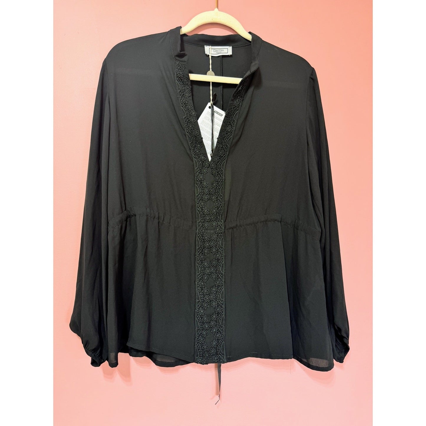 Gretha Milano Embroidered V-Neck Blouse in Black Size Medium