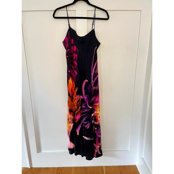Farm Rio Black Floral Print Maxi Slip Dress Midi Spaghetti Strap Size L