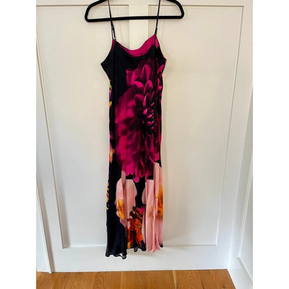 Farm Rio Black Floral Print Maxi Slip Dress Midi Spaghetti Strap Size L