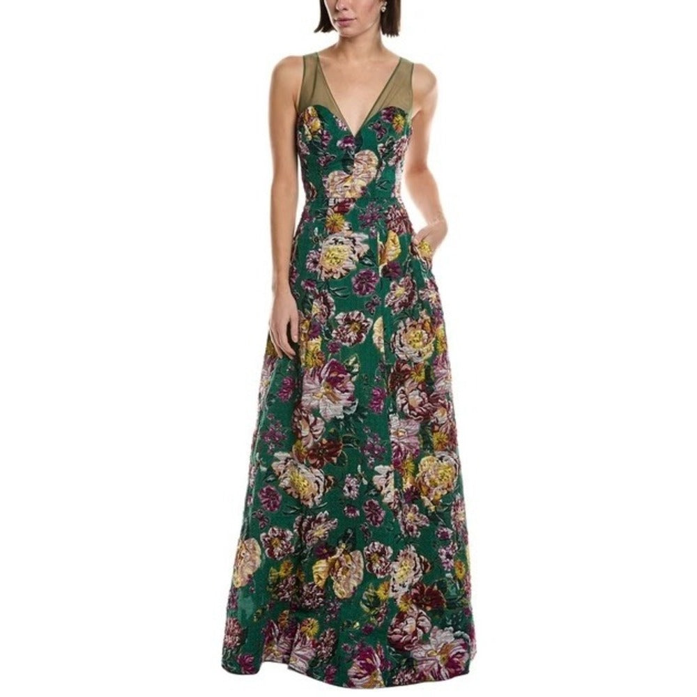 Marchesa notte Floral Jacquard Maxi Dress Sleeveless Mesh V-Neck Gown Black Size 6