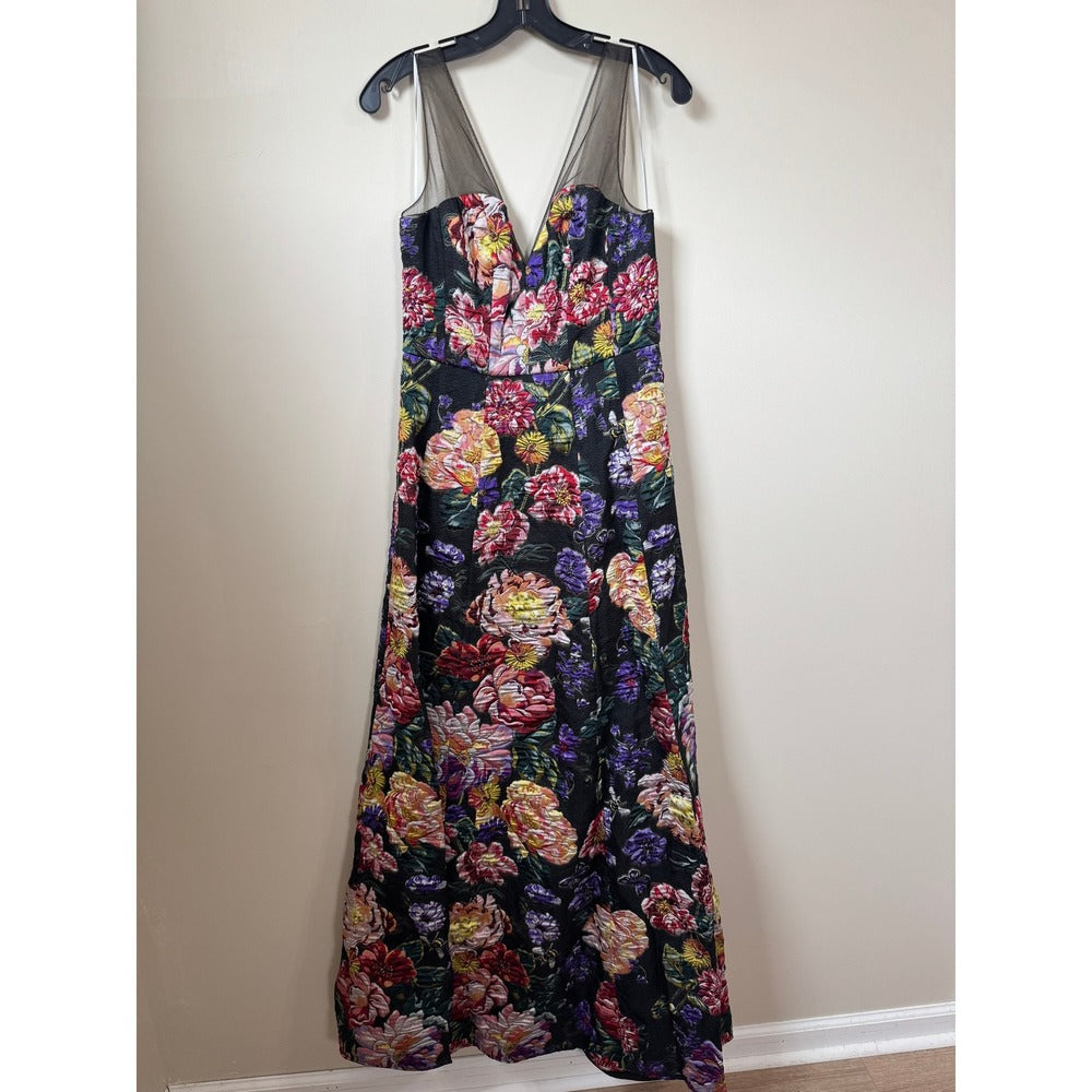 Marchesa notte Floral Jacquard Maxi Dress Sleeveless Mesh V-Neck Gown Black Size 6