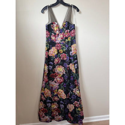 Marchesa notte Floral Jacquard Maxi Dress Sleeveless Mesh V-Neck Gown Black Size 6