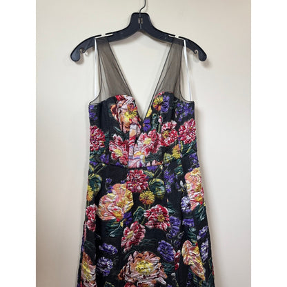 Marchesa notte Floral Jacquard Maxi Dress Sleeveless Mesh V-Neck Gown Black Size 6